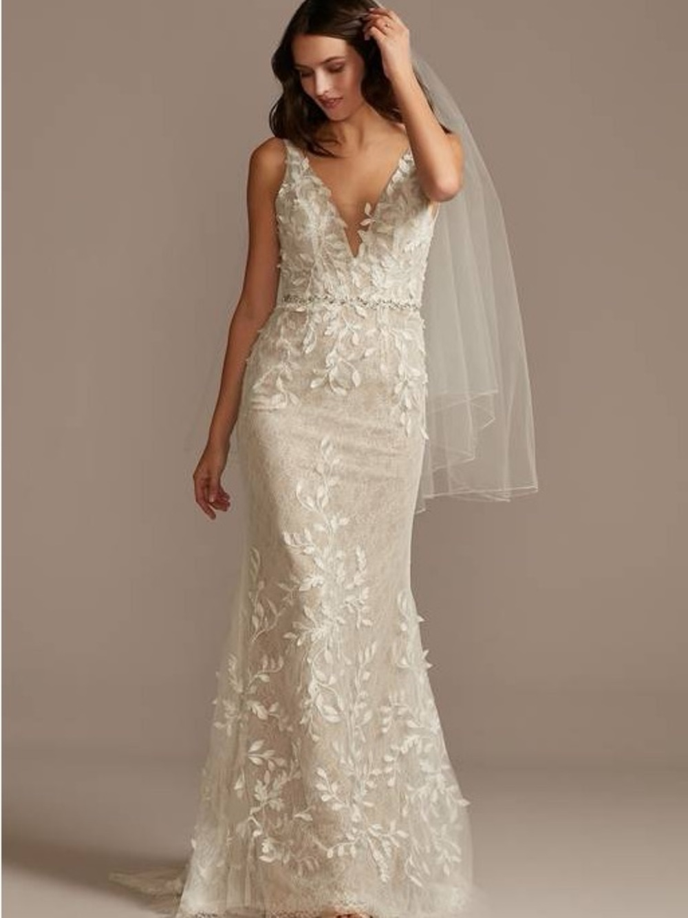 Melissa Sweet  3D Leaves Applique Lace V-Neck Wedding Dress Ivory/Bisque Color